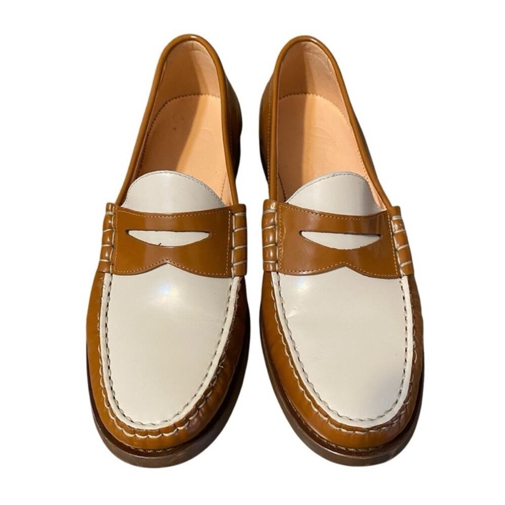 J. Crew Patent Leather Two-Tone Penny Loafers Brown White